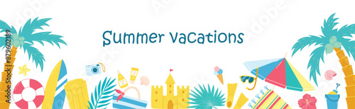 Summer vacations background. Beach vacations elements. Vector web banner template