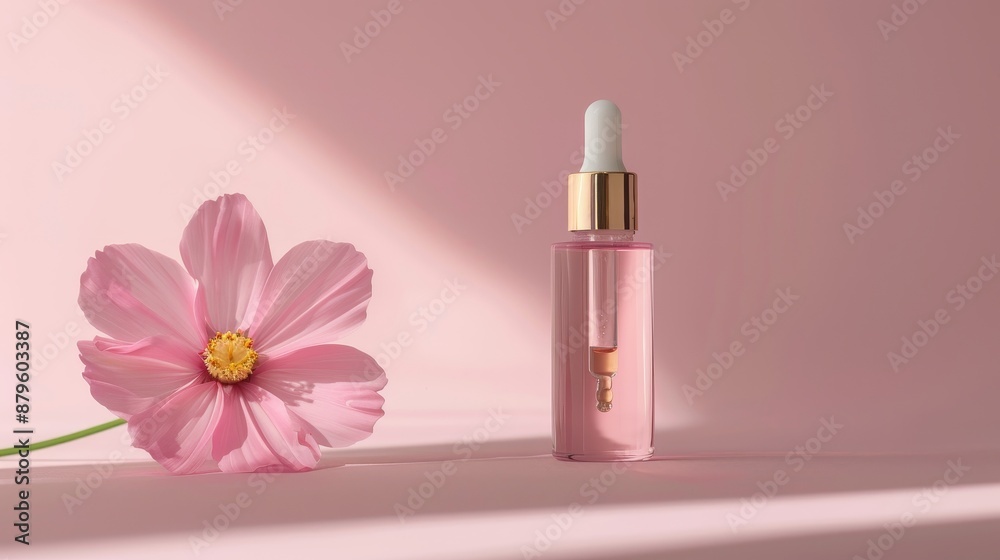 Oil-filled dropper bottle with cosmetic pipette. Antiaging cosmetic product. Skin and body care. Pink oil essence flower product. Oil-filled dropper bottle with cosmetic pipette. Antiaging cosmetic product. Skin and body care. Pink oil essence flower product.