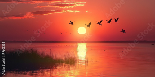 A group of Geese flying over lake during sunset landscape 