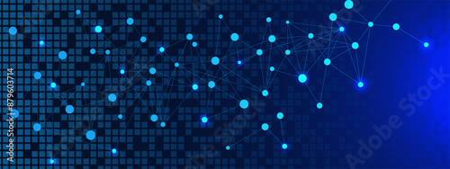 Abstract connecting dots and lines with digital pixels on blue technology background. Global network connection and communication concept.
