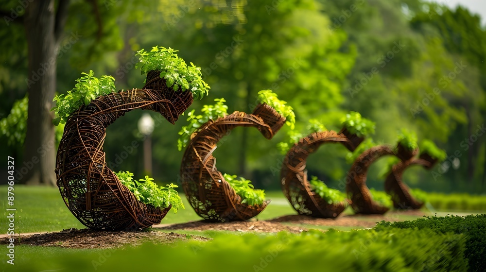 Naklejka premium Rebar Sculptures with Hanging Stevia Baskets Adorning a Picturesque Public Park