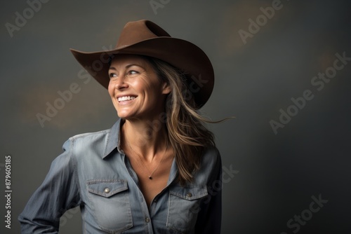 Portrait of a joyful woman in her 40s wearing a rugged cowboy hat in front of minimalist or empty room background © Markus Schröder