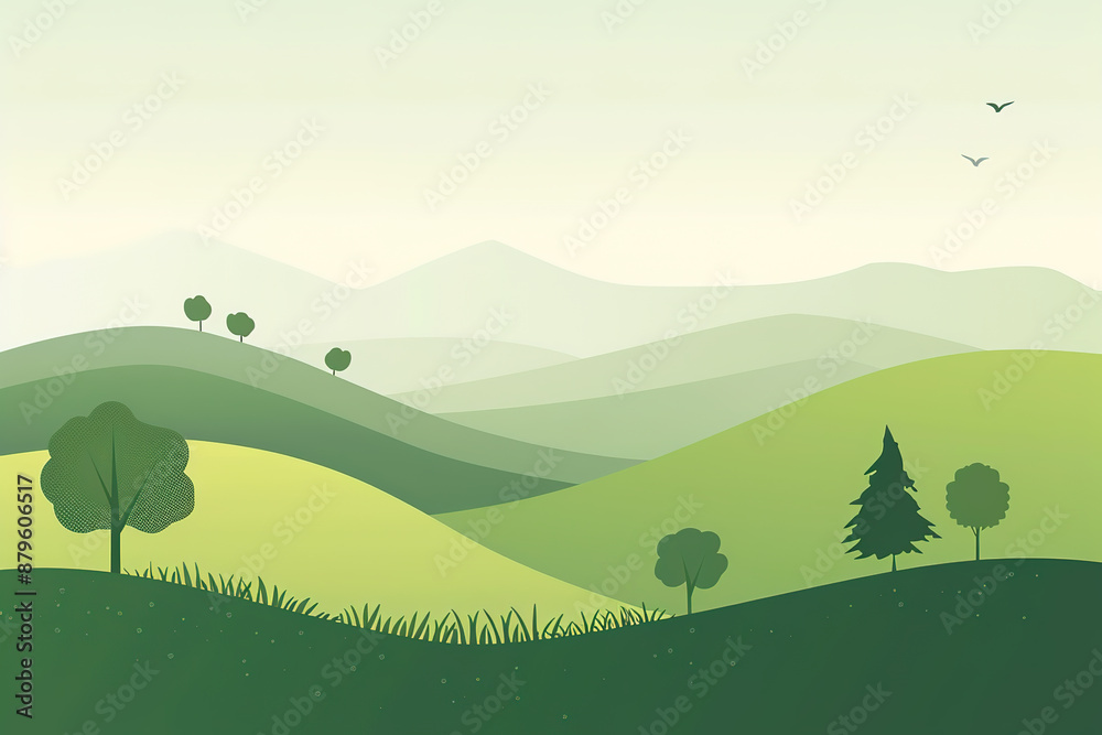 Fototapeta premium Landscape illustration of trees on flat green hills with undulating winds