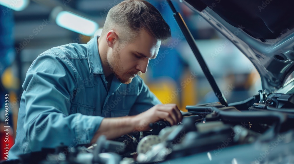 American automotive mechanic man open a car hood and check up the engine. Attractive vehicle service manager worker work in mechanics garage American automotive mechanic man open a car hood and check up the engine. Attractive vehicle service manager worker work in mechanics garage