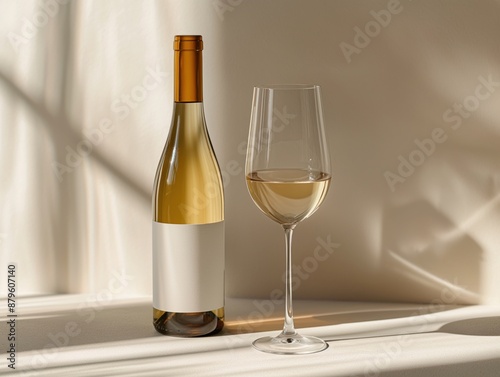 Elegant Still Life with White Wine Bottle and Glass in Soft Warm Light Mokup

