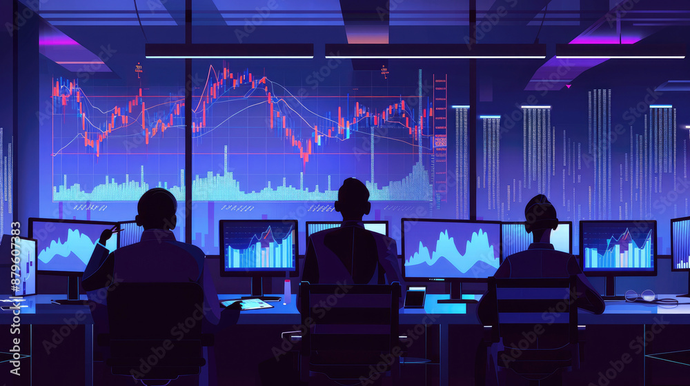 Simple illustration, group of financial analysts using AI to predict future evaluations on stock market. Simple illustration, group of financial analysts using AI to predict future evaluations on stock market.