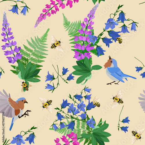 Seamless vector illustration with field bells,lupines, birds and bees