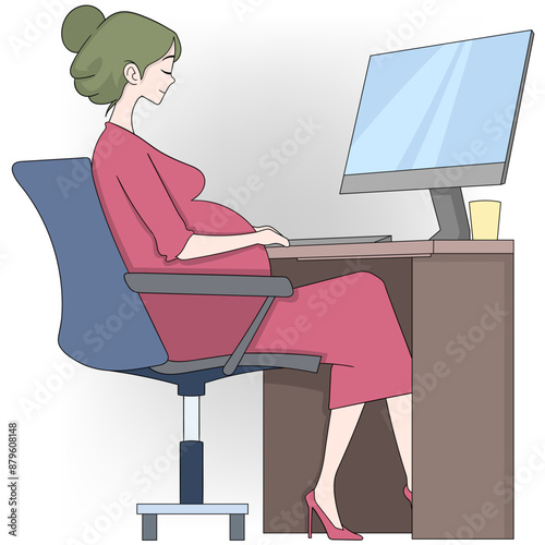 Pregnant Woman Diligently Working at Office Desk