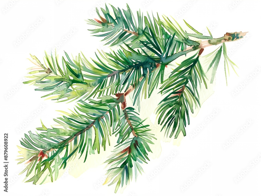 custom made wallpaper toronto digitalWatercolor painting of fir tree branch with green needles. The painting has a serene and calming mood, with the blue and green colors blending together to create a peaceful atmosphere