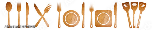 Fork, knife, spoon and plate Wooden set icons. Tableware set flat style. Dinnerservice collection.