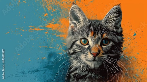 Detailed realistic kitty illustration on blue and orange background, with bold colorism and contrasting geometries, in chalk and charcoal printing style.