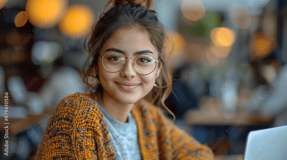 Smiling Indian Female Student with Laptop Studying in Modern Cafe, University Library or Office, Young Woman Using Technology for Online Work Smiling Indian Female Student with Laptop Studying in Modern Cafe, University Library or Office, Young Woman Using Technology for Online Work