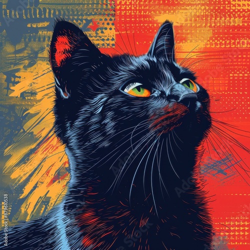 Realistic kitty portrait on blue and orange background, featuring intricate details, bold colors, and scattered composition.