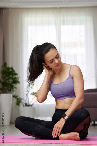 sporty woman feeling pain spasm in her neck after home workout Free Download sporty woman feeling pain spasm in her neck after home workout - GFXLoad