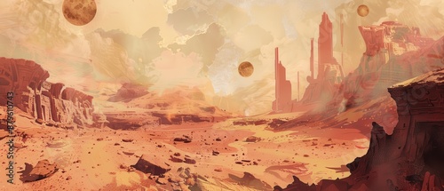 Mystical Martian landscape golden desert, ancient ruins, Marsala sky.