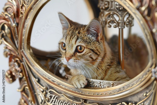 A regal cat sits comfortably in a luxurious carriage adorned with the sweet phrase 'hug your cat'. The illustration exudes warmth and affection.