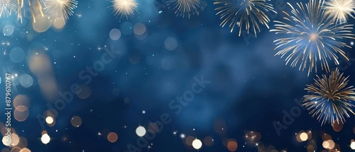 Vivid blue sky illuminated by dazzling golden and white fireworks, capturing the essence of a grand 2020 celebration in ultra-realistic HD.