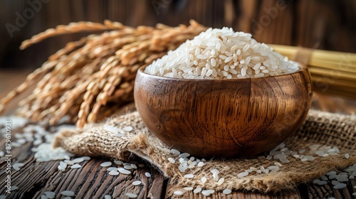 A wooden bowl overflowing with white rice grains, accompanied by rice stalks on a sackcloth, symbolizing abundant harvest