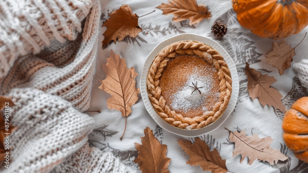Boho top view Thanksgiving day with brown pumpkin pie and leaves Boho top view Thanksgiving day with brown pumpkin pie and leaves