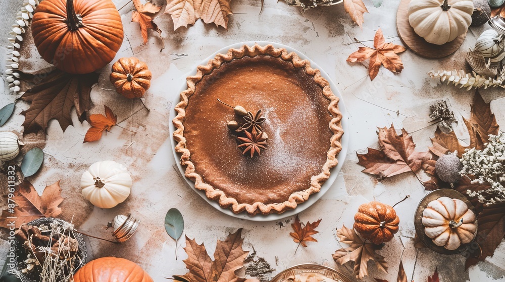 Boho top view Thanksgiving day with brown pumpkin pie and leaves Boho top view Thanksgiving day with brown pumpkin pie and leaves