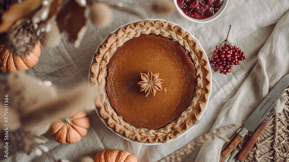 Boho top view Thanksgiving day with brown pumpkin pie and leaves Boho top view Thanksgiving day with brown pumpkin pie and leaves