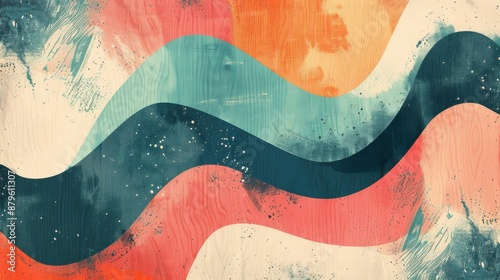Abstract 2010-style pattern on turquoise base with coral, sand accents. Minimalistic with negative space, vibrant and harmonious feel.