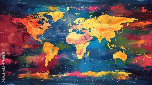 Vibrant pop art world map with bold primary colors and comic book style connections, high contrast, visually striking.