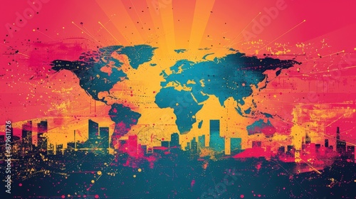 Energetic pop art world map in primary colors with bold graphic connections.