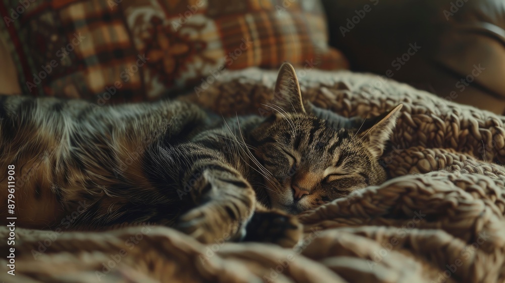 Domestic striped cat sprawled on the couch, guarding its owner as they sleep, cozy living room with soft ambient lighting Domestic striped cat sprawled on the couch, guarding its owner as they sleep, cozy living room with soft ambient lighting