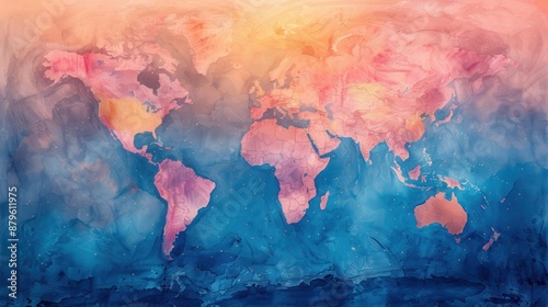 Soft, glowing watercolor world map with pastel colors, fluid details, and interconnected continents. Artistically beautiful.
