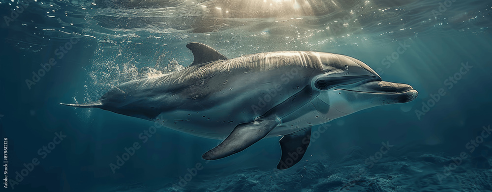 Fototapeta premium Dolphin swimming underwater with sunbeams and bubbles, ocean life in deep blue sea, hyper realistic photo