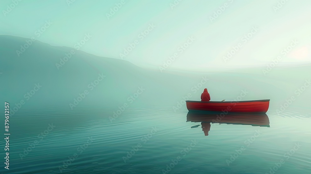 A man in a red life jacket sits in a small boat on a lake. The water is calm and the sky is overcast A man in a red life jacket sits in a small boat on a lake. The water is calm and the sky is overcast