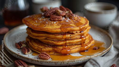 Sweet Potato Pancakes, Stack of fluffy sweet potato pancakes topped with maple syrup and pecans, served on a white porcelain plate with a fork. © Wasin Arsasoi