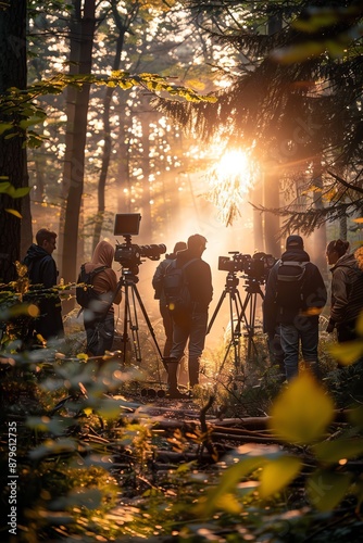 Film crew in a forest, morning light, cinematic setup, nature scene