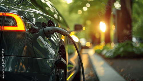 Electric Vehicle Charging Station Close-Up on Power Supply and Car Body in Green Park with Sunlight, Eco-Friendly Future City, High Quality