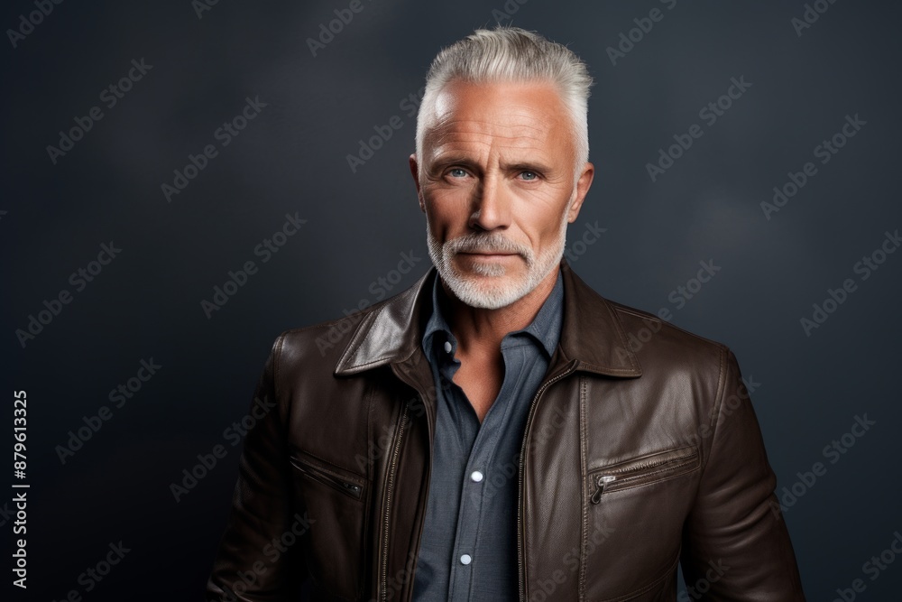 Portrait of a merry man in his 50s sporting a stylish leather blazer over minimalist or empty room background