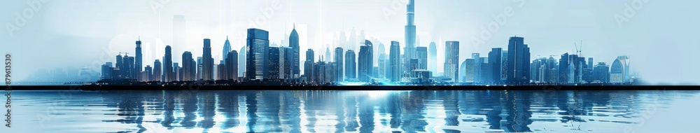 Fototapeta premium Abstract City Skyline Wallpaper: Minimalist Futuristic Urban Landscape, Perfect for Mobile and Computer Backgrounds, Featuring Ink Wash Art and Beautiful Buildings in a High-Resolution AI-Generated Ab