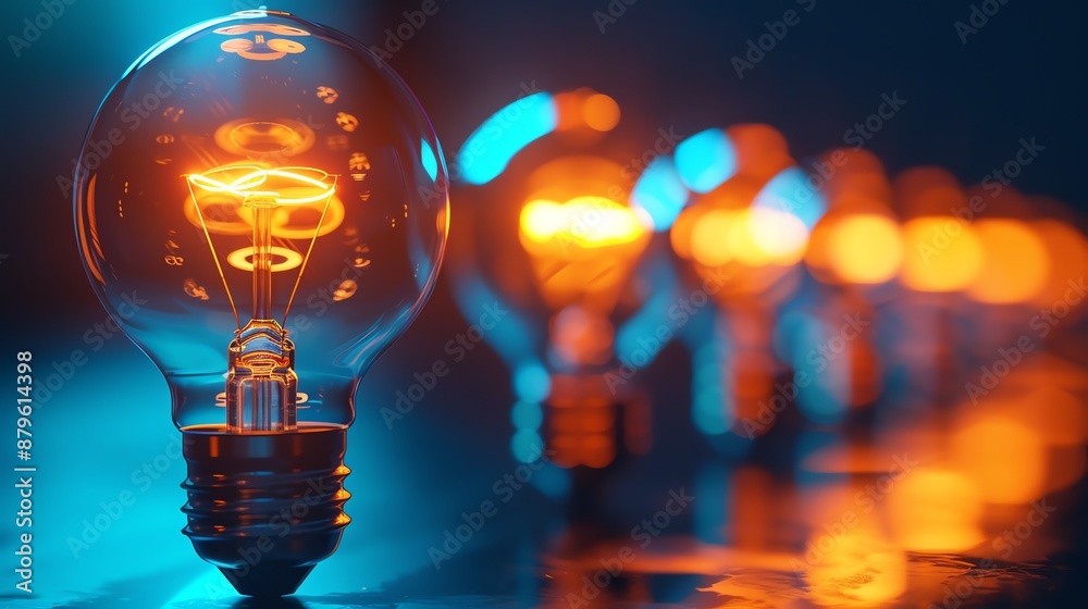Row of lit light bulbs on reflective surface, one in focus, bright blue background Row of lit light bulbs on reflective surface, one in focus, bright blue background