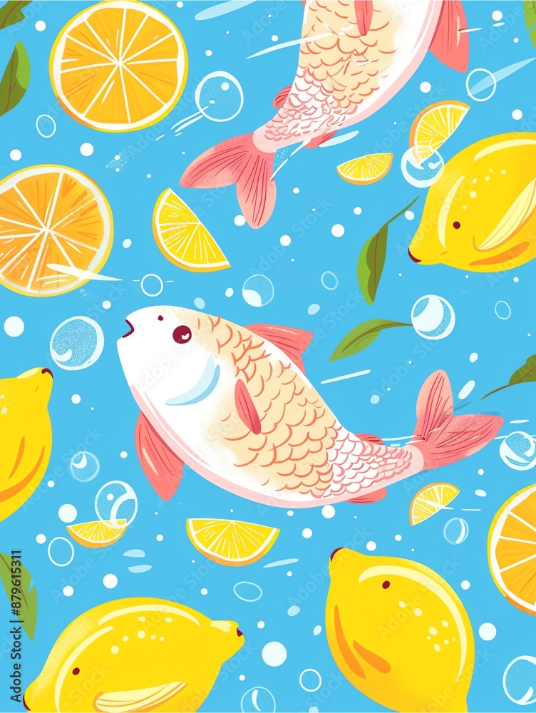 Fototapeta premium Illustration of cute fishes and lemons pattern, blue background.