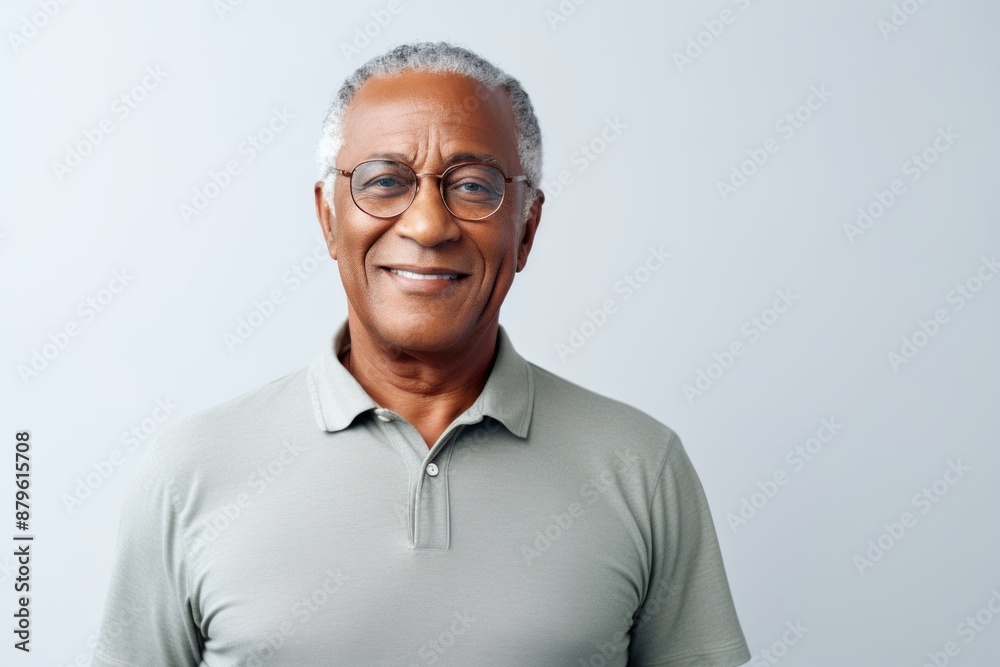 Portrait of a smiling afro-american man in his 70s sporting a breathable hiking shirt on minimalist or empty room background Portrait of a smiling afro-american man in his 70s sporting a breathable hiking shirt on minimalist or empty room background