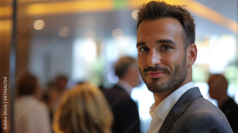 Fototapeta premium Businessman networking at a corporate event, highly professional photo picture with clear focus and engaging background, businessman, with copy space