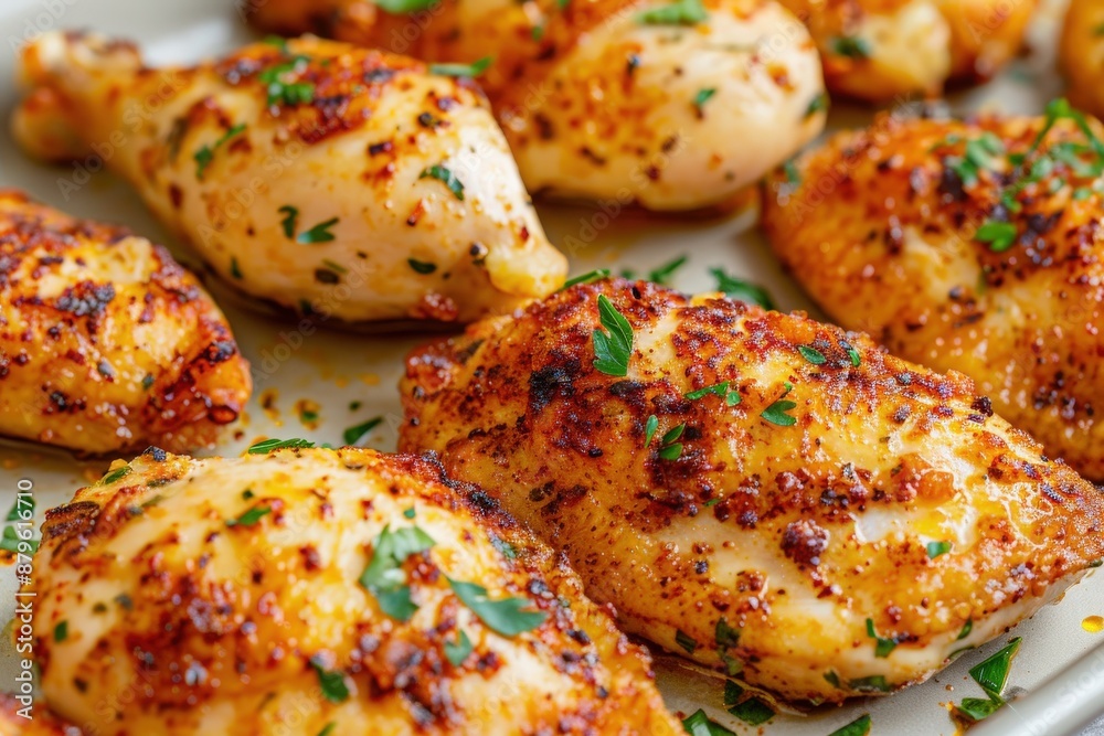 Deliciously seasoned roasted chicken breasts garnished with fresh herbs, ready to be enjoyed as a flavorful and healthy meal. Deliciously seasoned roasted chicken breasts garnished with fresh herbs, ready to be enjoyed as a flavorful and healthy meal.
