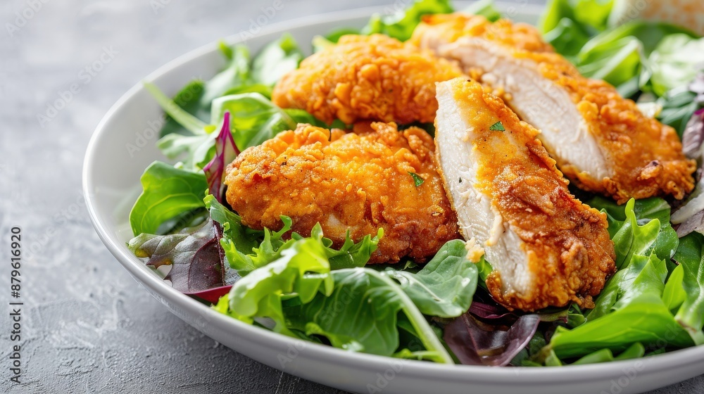 Crispy fried chicken slices served on a fresh, green salad with varied lettuce leaves in a white bowl on a gray textured background.