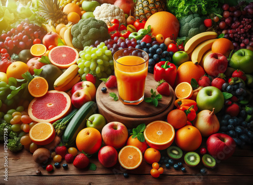 assortment of fresh fruits and vegetables surrounds three colorful smoothie jars photo