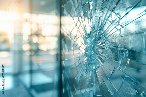 Close-up of a broken glass door in a modern building