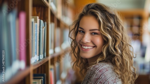 Girl posing against the background of books in the library