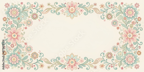 Whimsical pastel frame with ornate details and soft colors, adorned with floral patterns, perfect for adding text and creating a stylish and elegant design.