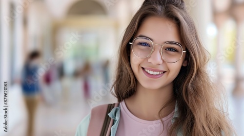 A girl wearing glasses and smiling. She is wearing a pink shirt and has a backpack. The image has a happy and cheerful mood