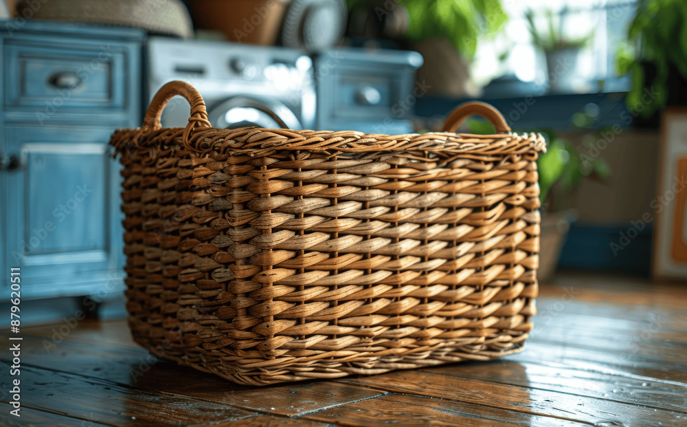 Obraz premium Wicker Basket in Laundry Room with Washing Machine Background Close Up Shot Stock Photo