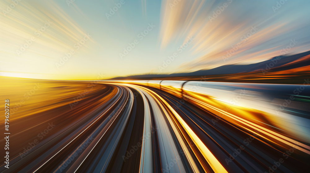 Naklejka premium High-speed motion blur of a train on tracks during sunset creating dynamic light trails